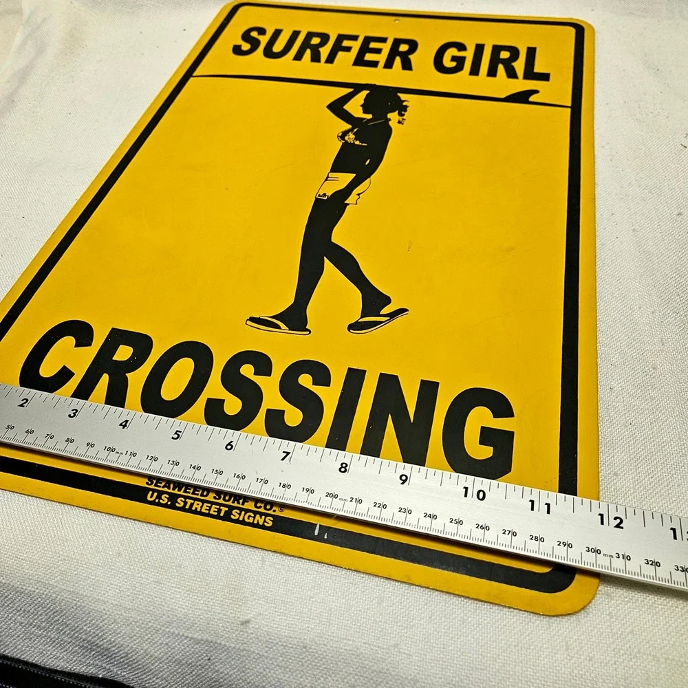 Seaweed Surf Co Surfer Girl Crossing Metal Sign 12x18 Yellow Beach Decor Novelty